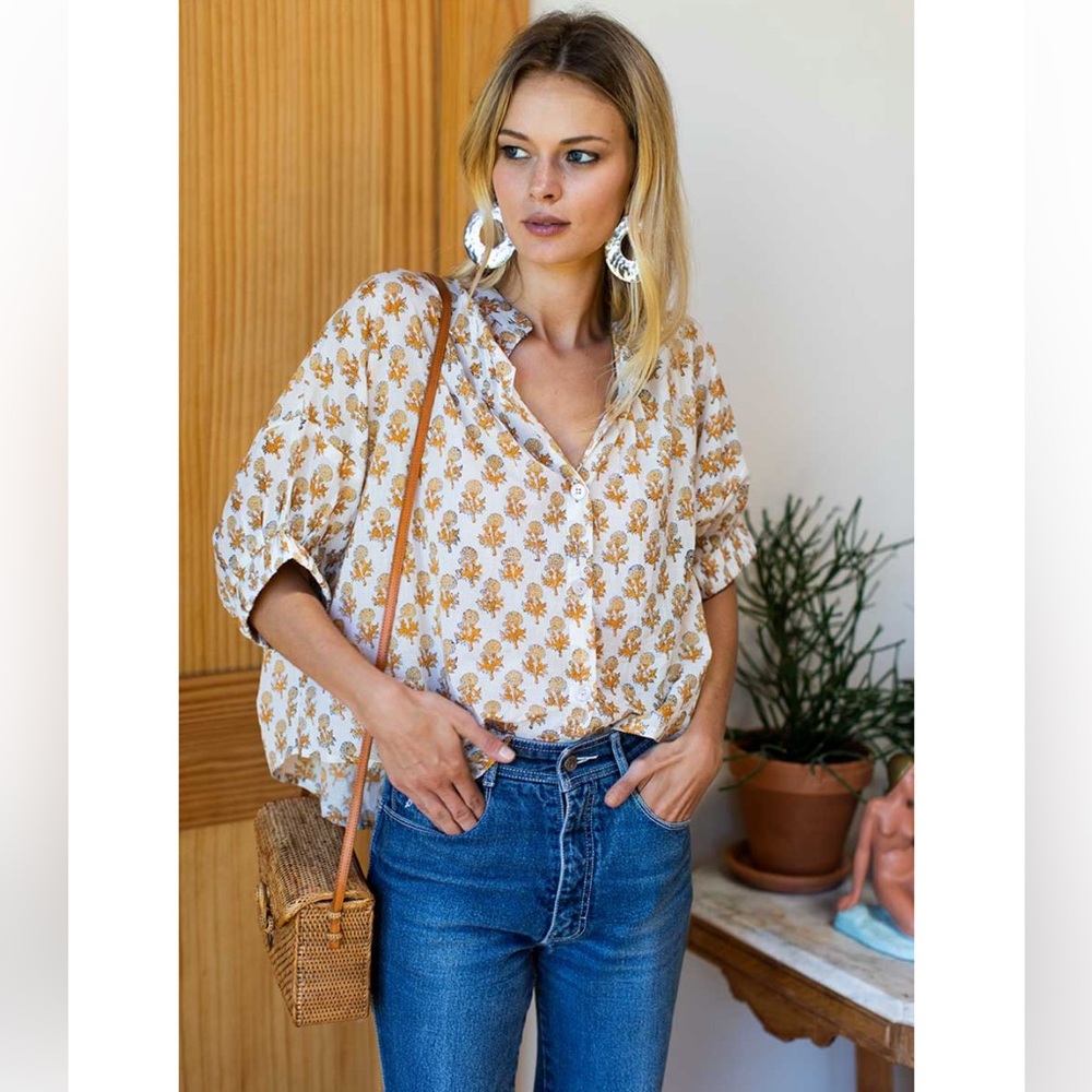 Emerson Fry India Collection Mandarin Collar Top in Little Marigolds